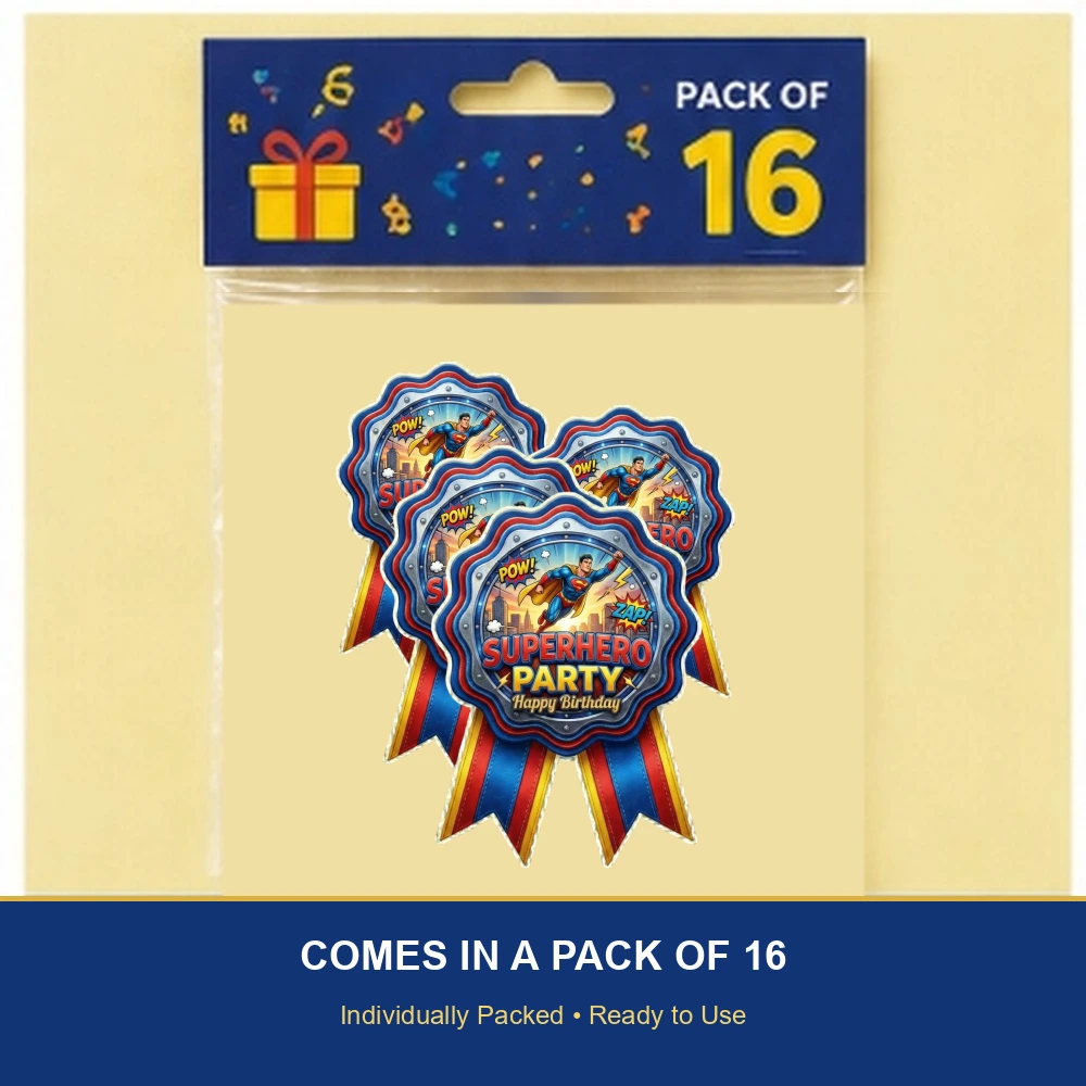 Super Hero Theme Paper Badges For Kids Birthday Party Supplies (Pack Of 16) - 300 GSM Premium Cardstock with Pin (3.7 x 3 Inch) - Premium Handcrafted 300 GSM Theme Badges by Party Decor Mall India - View 6