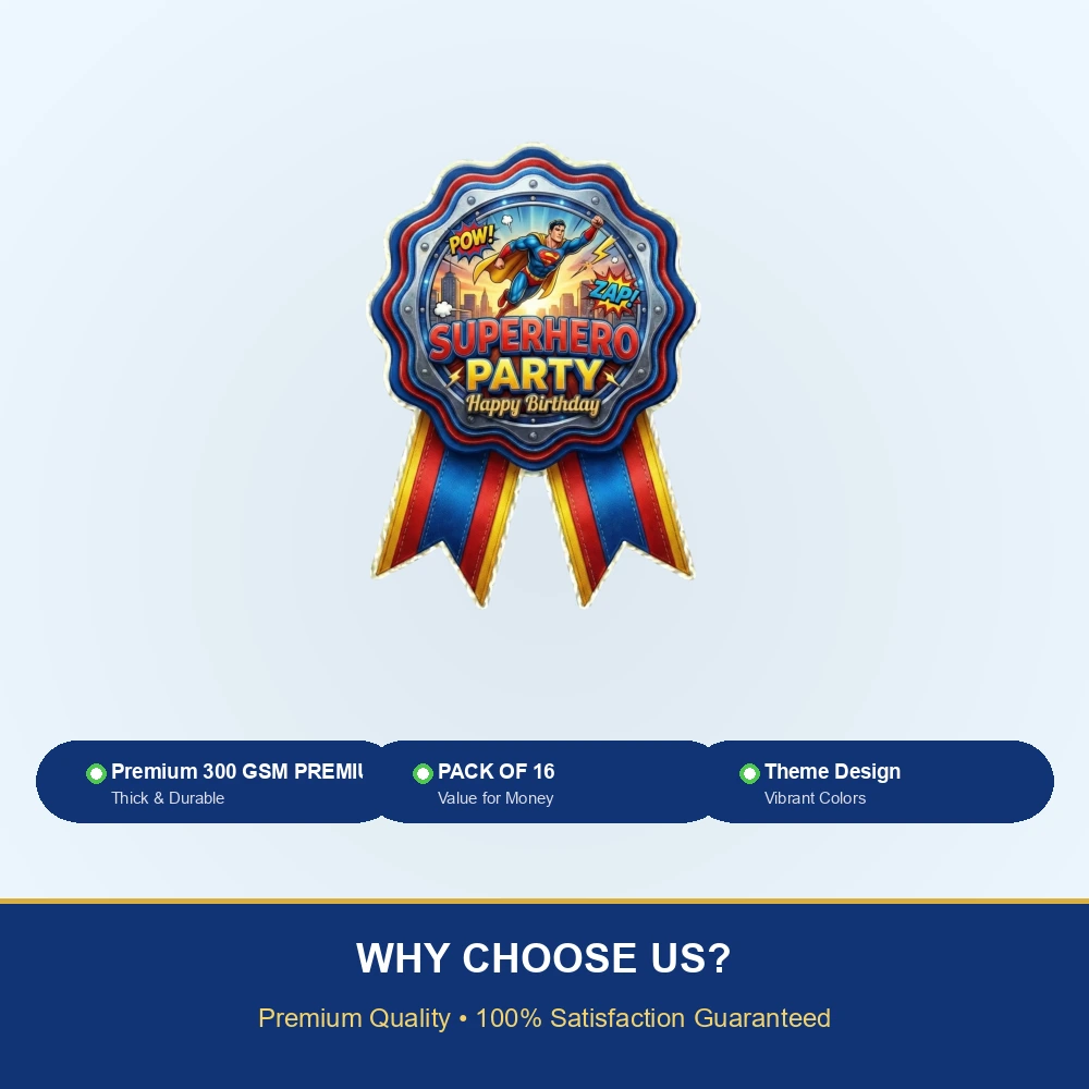 Super Hero Theme Paper Badges For Kids Birthday Party Supplies (Pack Of 16) - 300 GSM Premium Cardstock with Pin (3.7 x 3 Inch) - Premium Handcrafted 300 GSM Theme Badges by Party Decor Mall India - View 7