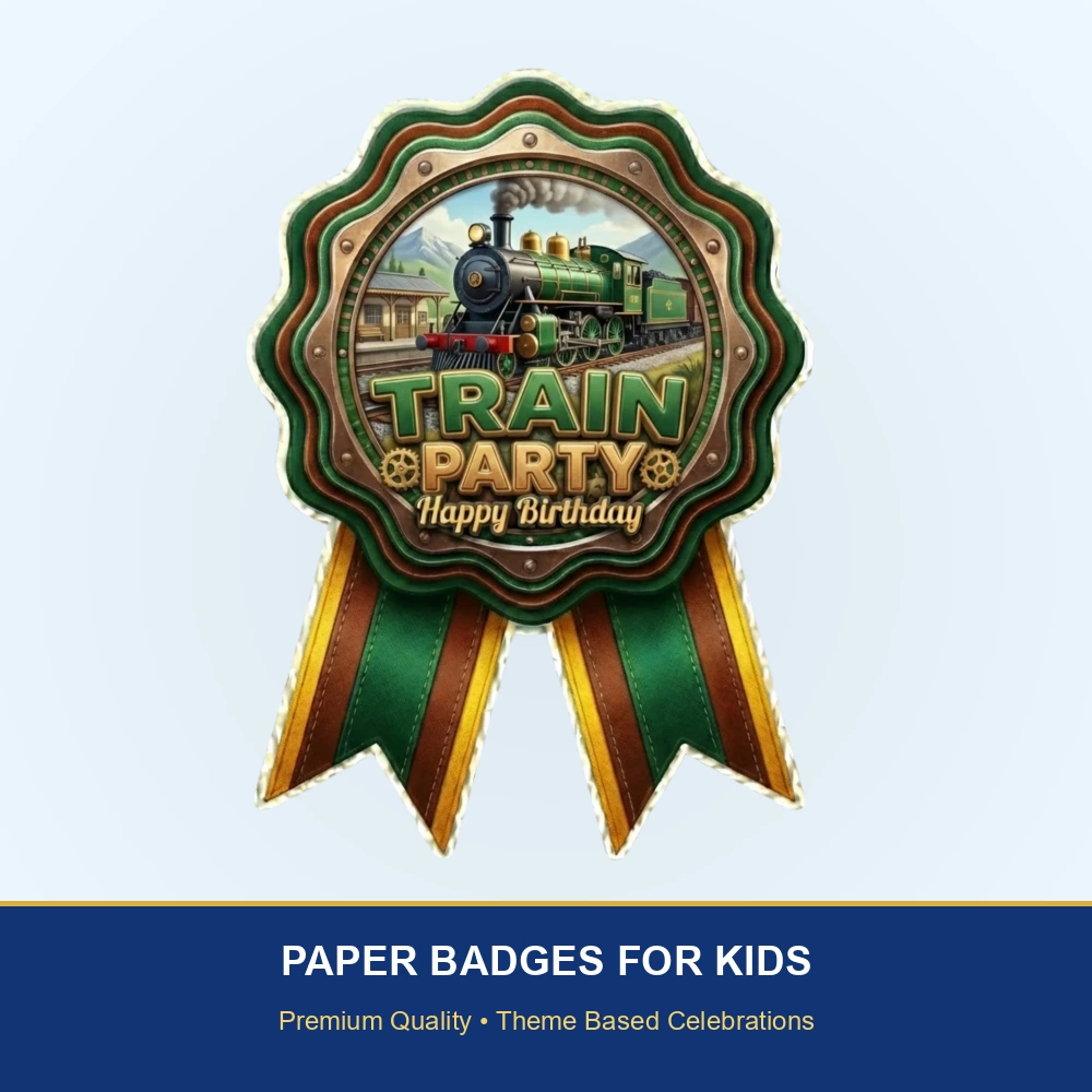 Train Theme Paper Badges For Kids Birthday Party Supplies (Pack Of 16) - 300 GSM Premium Cardstock with Pin (3.7 x 3 Inch) - Premium Handcrafted 300 GSM Theme Badges by Party Decor Mall India - View 2