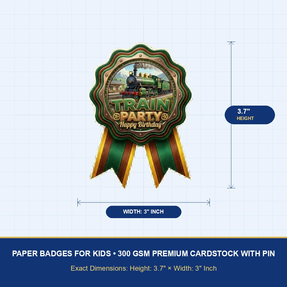Train Theme Paper Badges For Kids Birthday Party Supplies (Pack Of 16) - 300 GSM Premium Cardstock with Pin (3.7 x 3 Inch) - Premium Handcrafted 300 GSM Theme Badges by Party Decor Mall India - View 4