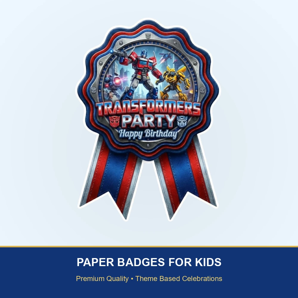 Transformers Theme Paper Badges For Kids Birthday Party Supplies (Pack Of 16) - 300 GSM Premium Cardstock with Pin (3.7 x 3 Inch) - Premium Handcrafted 300 GSM Theme Badges by Party Decor Mall India - View 2