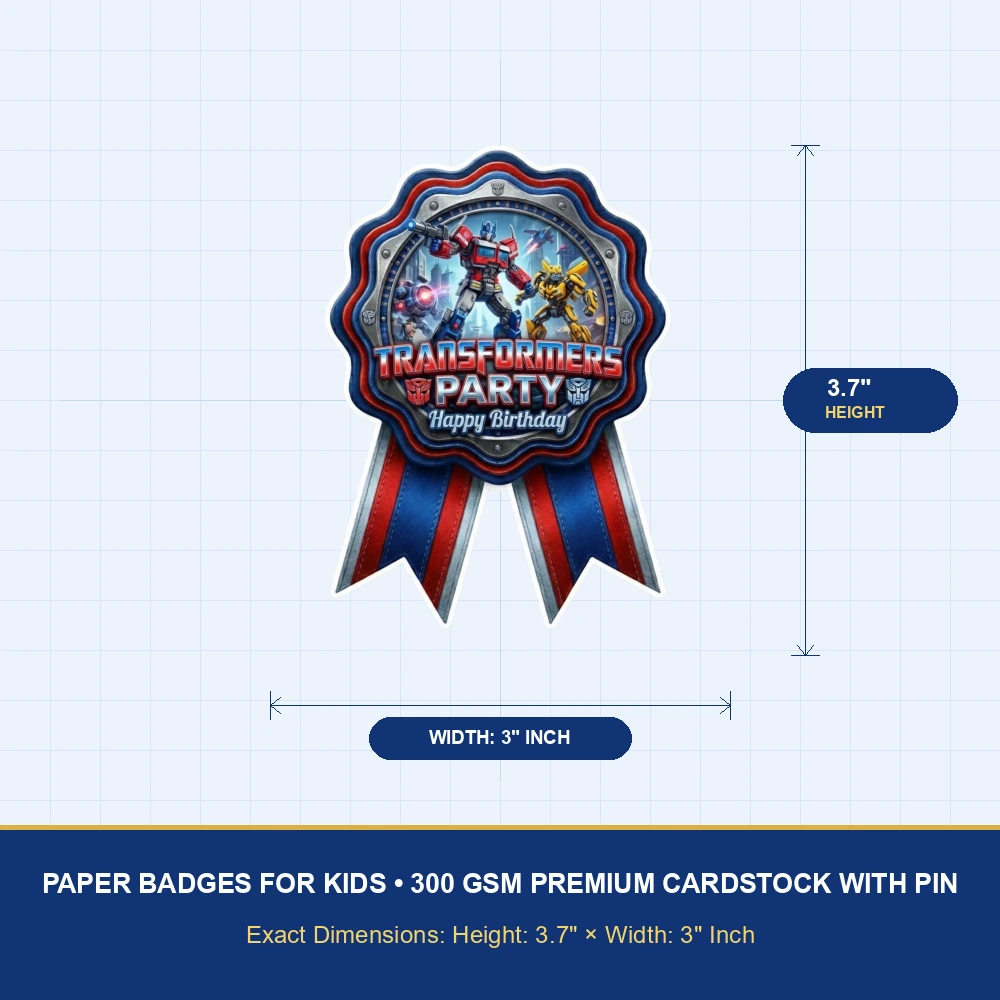Transformers Theme Paper Badges For Kids Birthday Party Supplies (Pack Of 16) - 300 GSM Premium Cardstock with Pin (3.7 x 3 Inch) - Premium Handcrafted 300 GSM Theme Badges by Party Decor Mall India - View 4