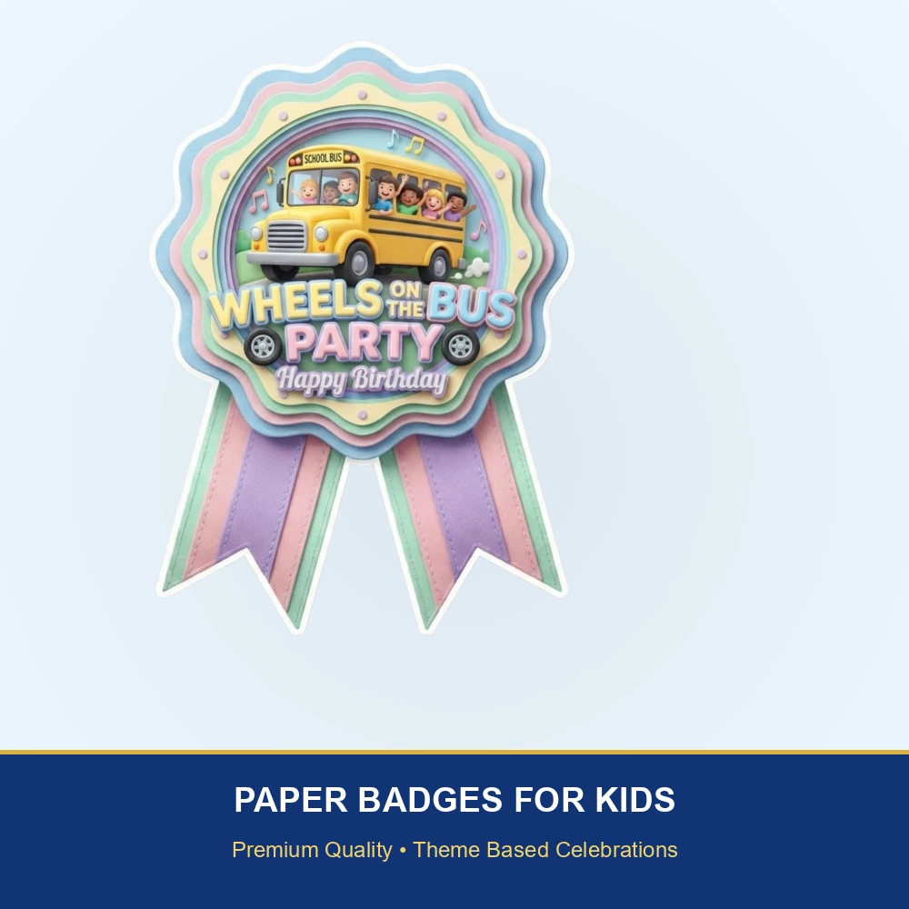 Wheels On The Bus Theme Paper Badges For Kids Birthday Party Supplies (Pack Of 16) - 300 GSM Premium Cardstock with Pin (3.7 x 3 Inch) - Premium Handcrafted 300 GSM Theme Badges by Party Decor Mall India - View 2