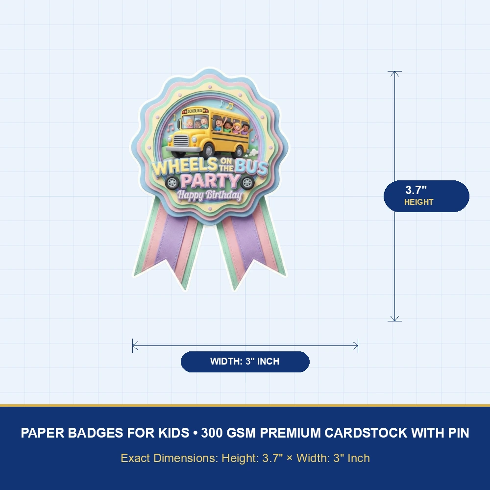 Wheels On The Bus Theme Paper Badges For Kids Birthday Party Supplies (Pack Of 16) - 300 GSM Premium Cardstock with Pin (3.7 x 3 Inch) - Premium Handcrafted 300 GSM Theme Badges by Party Decor Mall India - View 4