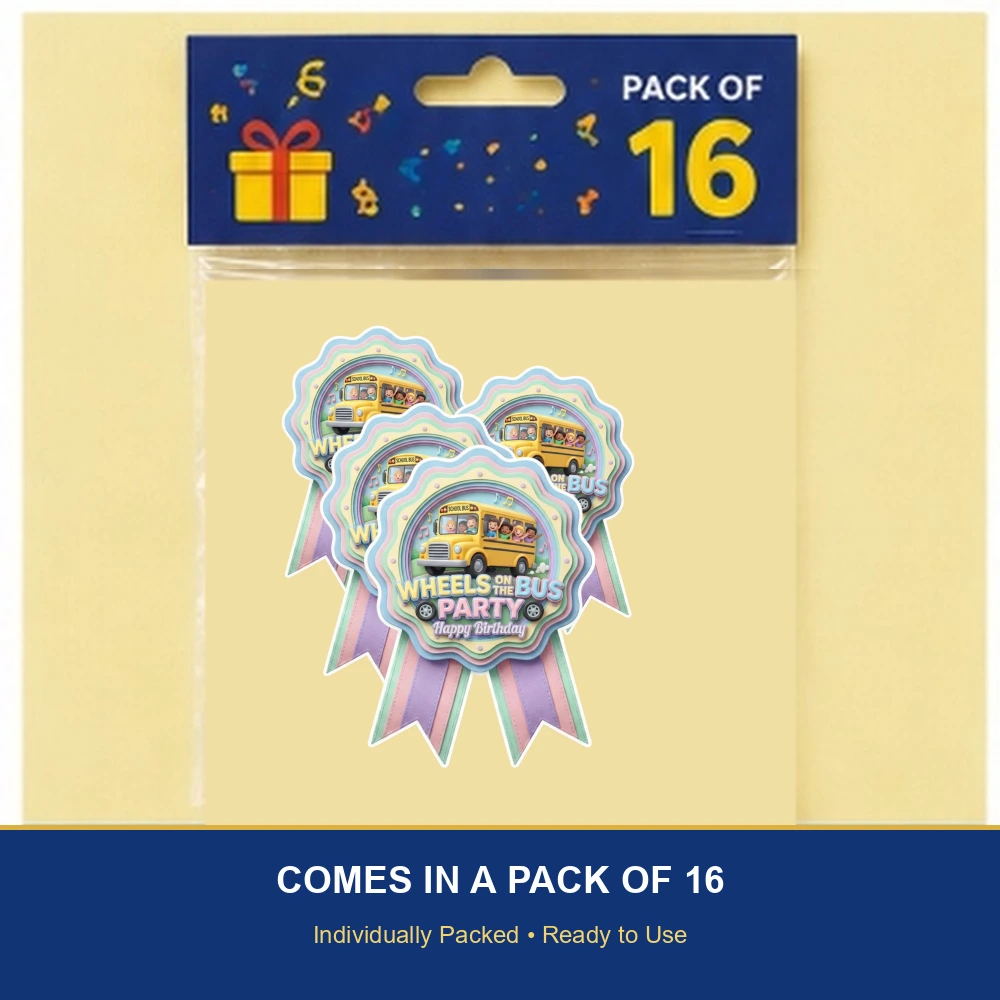 Wheels On The Bus Theme Paper Badges For Kids Birthday Party Supplies (Pack Of 16) - 300 GSM Premium Cardstock with Pin (3.7 x 3 Inch) - Premium Handcrafted 300 GSM Theme Badges by Party Decor Mall India - View 6