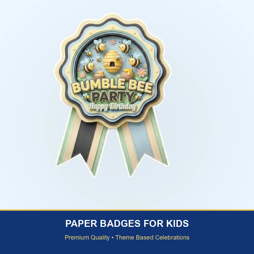 Bumble Bee Theme Paper Badges For Kids Birthday Party Supplies (Pack Of 16) - 300 GSM Premium Cardstock with Pin (3.7 x 3 Inch) - Premium Handcrafted 300 GSM Theme Badges by Party Decor Mall India - View 2