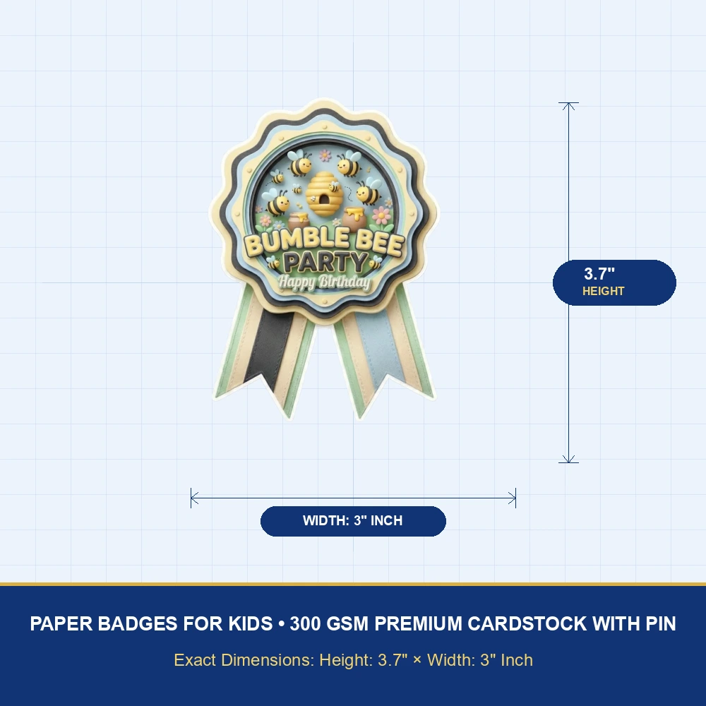 Bumble Bee Theme Paper Badges For Kids Birthday Party Supplies (Pack Of 16) - 300 GSM Premium Cardstock with Pin (3.7 x 3 Inch) - Premium Handcrafted 300 GSM Theme Badges by Party Decor Mall India - View 4