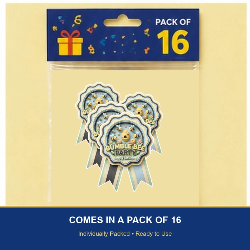 Bumble Bee Theme Paper Badges For Kids Birthday Party Supplies (Pack Of 16) - 300 GSM Premium Cardstock with Pin (3.7 x 3 Inch) - Premium Handcrafted 300 GSM Theme Badges by Party Decor Mall India - View 6