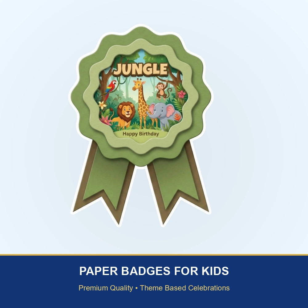 Jungle Theme Paper Badges For Kids Birthday Party Supplies (Pack Of 16) - 300 GSM Premium Cardstock with Pin (3.7 x 3 Inch) - Premium Handcrafted 300 GSM Theme Badges by Party Decor Mall India - View 2