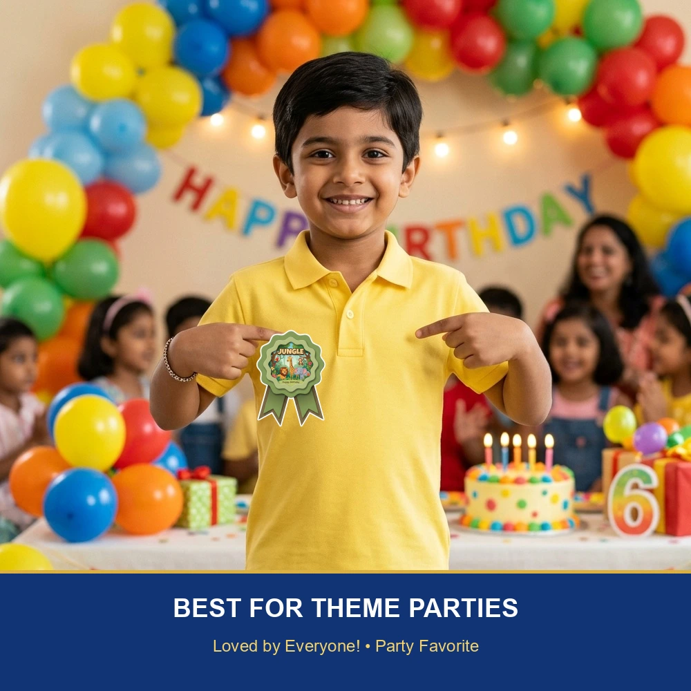 Jungle Theme Paper Badges For Kids Birthday Party Supplies (Pack Of 16) - 300 GSM Premium Cardstock with Pin (3.7 x 3 Inch) - Premium Handcrafted 300 GSM Theme Badges by Party Decor Mall India - View 5