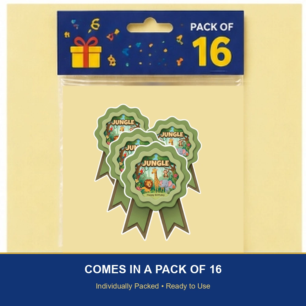 Jungle Theme Paper Badges For Kids Birthday Party Supplies (Pack Of 16) - 300 GSM Premium Cardstock with Pin (3.7 x 3 Inch) - Premium Handcrafted 300 GSM Theme Badges by Party Decor Mall India - View 6