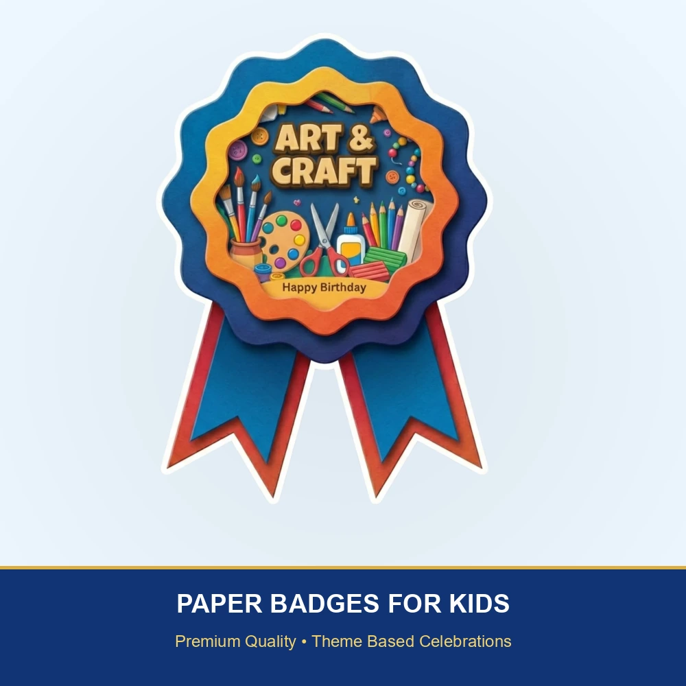 Art & Craft Theme Paper Badges For Kids Birthday Party Supplies (Pack Of 16) - 300 GSM Premium Cardstock with Pin (3.7 x 3 Inch) - Premium Handcrafted 300 GSM Theme Badges by Party Decor Mall India - View 2