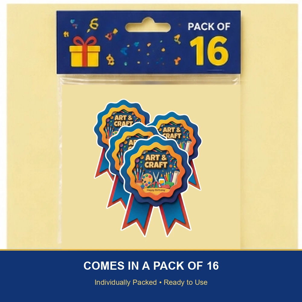 Art & Craft Theme Paper Badges For Kids Birthday Party Supplies (Pack Of 16) - 300 GSM Premium Cardstock with Pin (3.7 x 3 Inch) - Premium Handcrafted 300 GSM Theme Badges by Party Decor Mall India - View 6