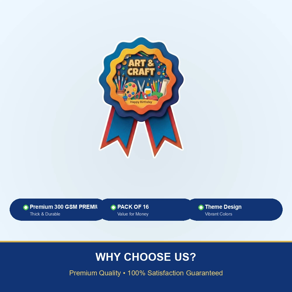Art & Craft Theme Paper Badges For Kids Birthday Party Supplies (Pack Of 16) - 300 GSM Premium Cardstock with Pin (3.7 x 3 Inch) - Premium Handcrafted 300 GSM Theme Badges by Party Decor Mall India - View 7