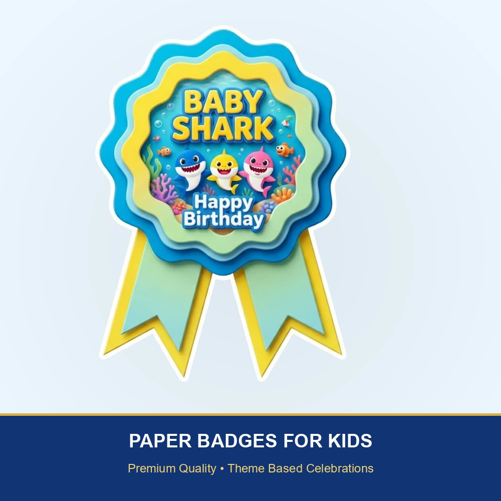 Baby Shark Theme Paper Badges For Kids Birthday Party Supplies (Pack Of 16) - 300 GSM Premium Cardstock with Pin (3.7 x 3 Inch) - Premium Handcrafted 300 GSM Theme Badges by Party Decor Mall India - View 2