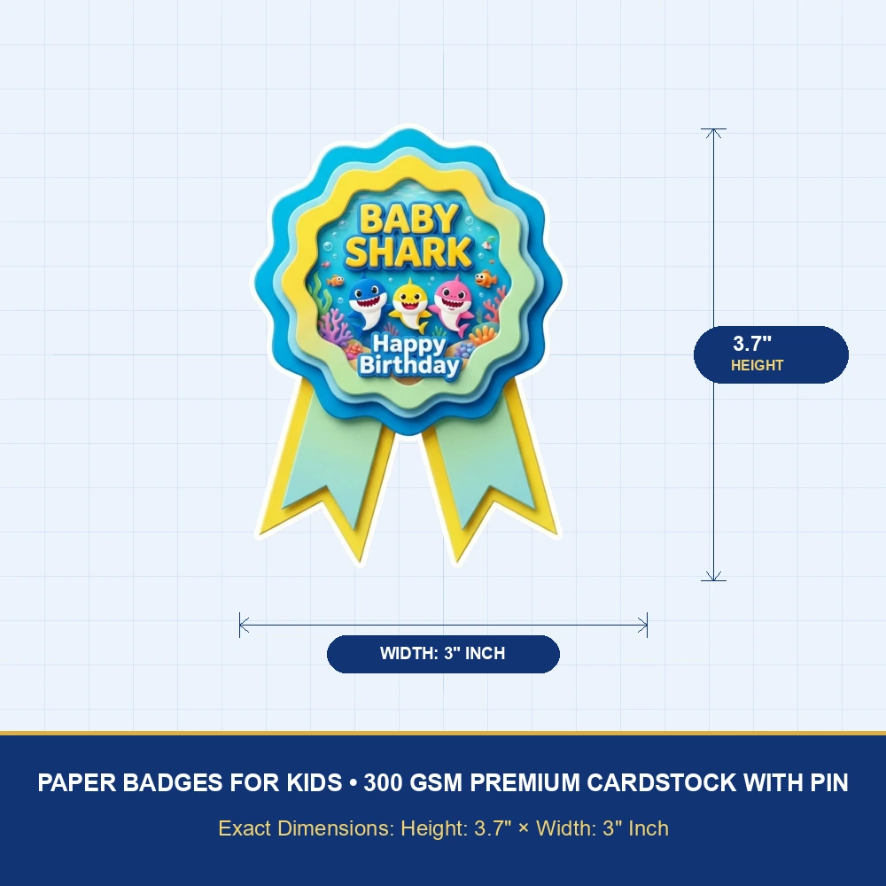 Baby Shark Theme Paper Badges For Kids Birthday Party Supplies (Pack Of 16) - 300 GSM Premium Cardstock with Pin (3.7 x 3 Inch) - Premium Handcrafted 300 GSM Theme Badges by Party Decor Mall India - View 4
