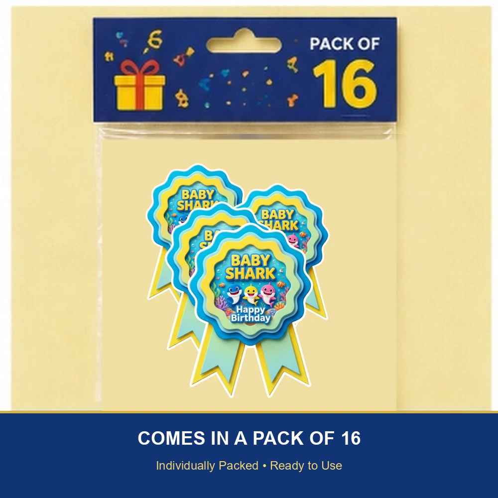 Baby Shark Theme Paper Badges For Kids Birthday Party Supplies (Pack Of 16) - 300 GSM Premium Cardstock with Pin (3.7 x 3 Inch) - Premium Handcrafted 300 GSM Theme Badges by Party Decor Mall India - View 6
