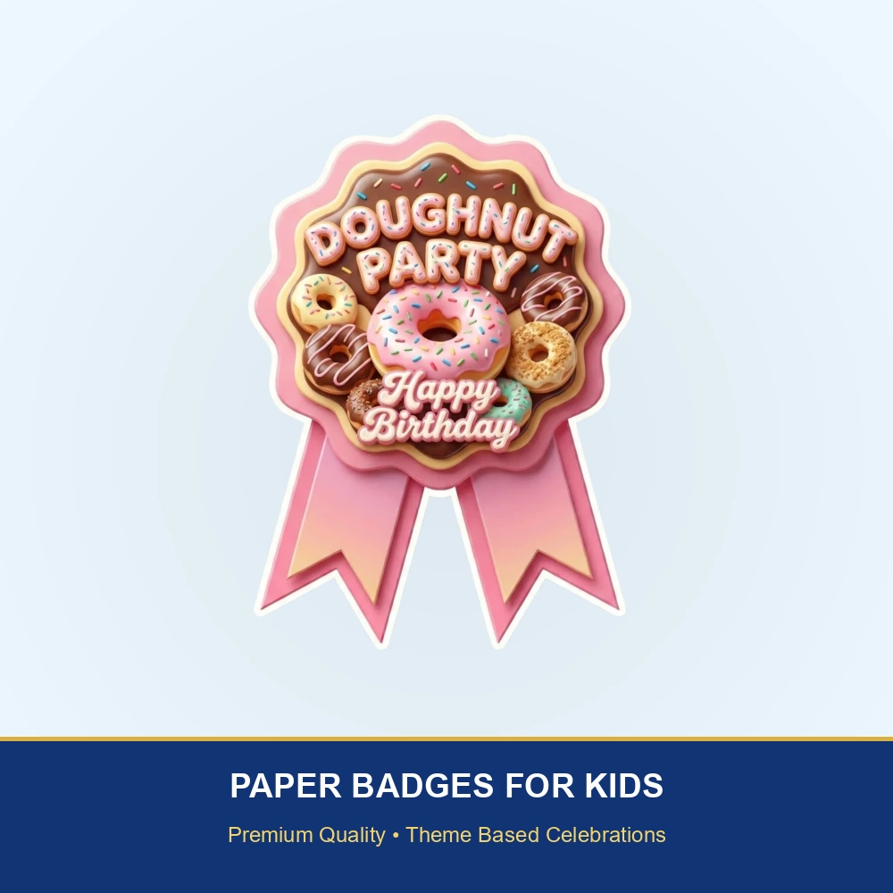 Doughnut Theme Paper Badges For Kids Birthday Party Supplies (Pack Of 16) - 300 GSM Premium Cardstock with Pin (3.7 x 3 Inch) - Premium Handcrafted 300 GSM Theme Badges by Party Decor Mall India - View 2