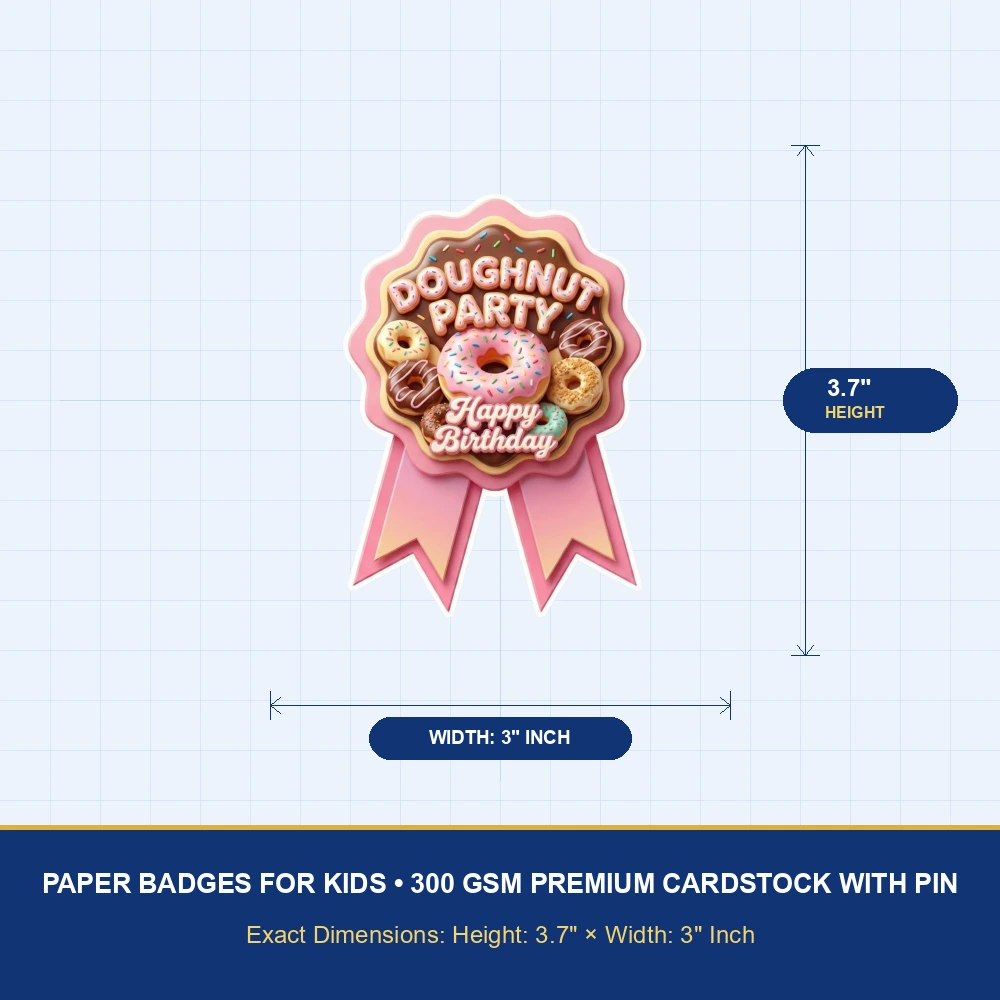 Doughnut Theme Paper Badges For Kids Birthday Party Supplies (Pack Of 16) - 300 GSM Premium Cardstock with Pin (3.7 x 3 Inch) - Premium Handcrafted 300 GSM Theme Badges by Party Decor Mall India - View 4