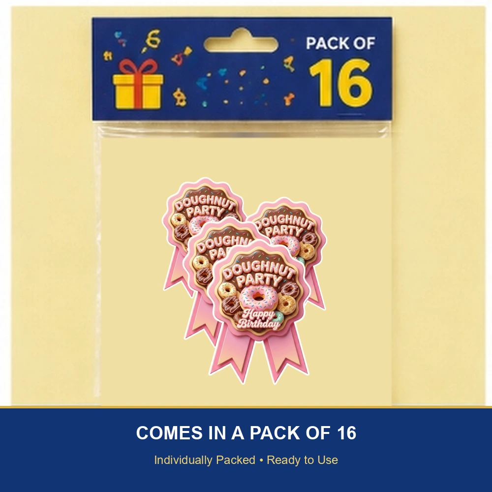 Doughnut Theme Paper Badges For Kids Birthday Party Supplies (Pack Of 16) - 300 GSM Premium Cardstock with Pin (3.7 x 3 Inch) - Premium Handcrafted 300 GSM Theme Badges by Party Decor Mall India - View 6