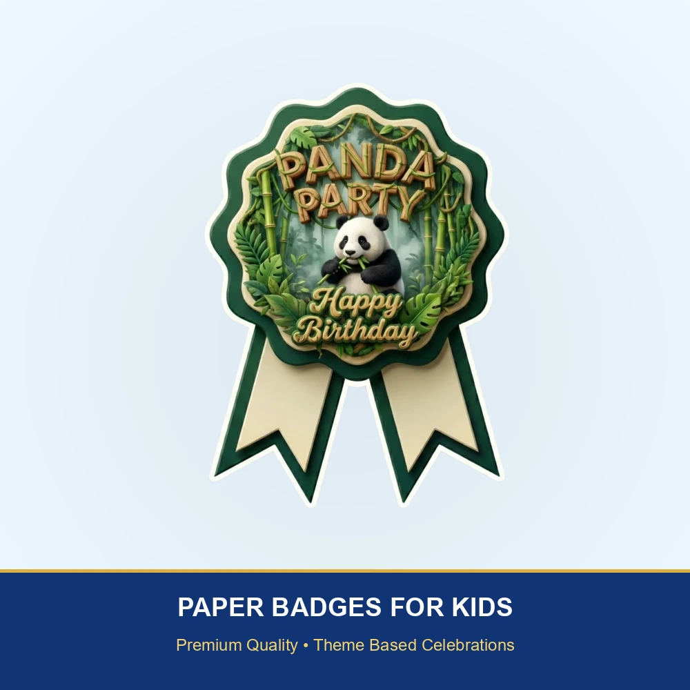Panda Theme Paper Badges For Kids Birthday Party Supplies (Pack Of 16) - 300 GSM Premium Cardstock with Pin (3.7 x 3 Inch) - Premium Handcrafted 300 GSM Theme Badges by Party Decor Mall India - View 2