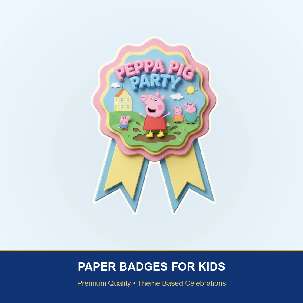 Peppa Pig Theme Paper Badges For Kids Birthday Party Supplies (Pack Of 16) - 300 GSM Premium Cardstock with Pin (3.7 x 3 Inch) - Premium Handcrafted 300 GSM Theme Badges by Party Decor Mall India - View 2
