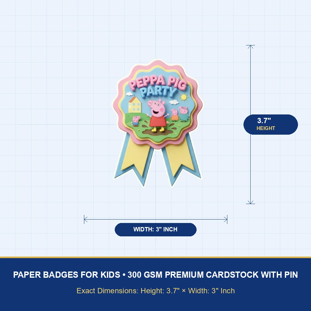 Peppa Pig Theme Paper Badges For Kids Birthday Party Supplies (Pack Of 16) - 300 GSM Premium Cardstock with Pin (3.7 x 3 Inch) - Premium Handcrafted 300 GSM Theme Badges by Party Decor Mall India - View 4