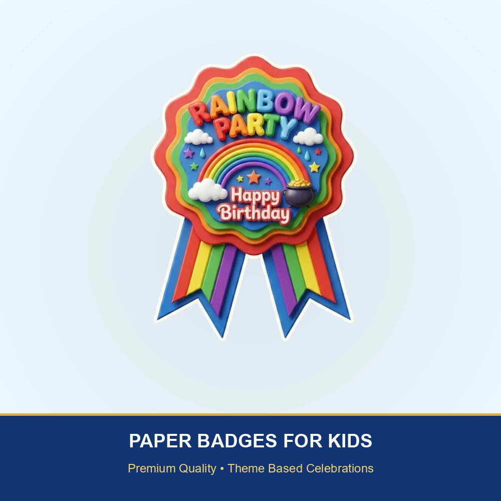 Rainbow Theme Paper Badges For Kids Birthday Party Supplies (Pack Of 16) - 300 GSM Premium Cardstock with Pin (3.7 x 3 Inch) - Premium Handcrafted 300 GSM Theme Badges by Party Decor Mall India - View 2
