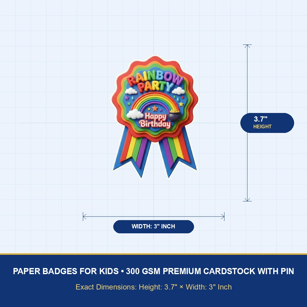 Rainbow Theme Paper Badges For Kids Birthday Party Supplies (Pack Of 16) - 300 GSM Premium Cardstock with Pin (3.7 x 3 Inch) - Premium Handcrafted 300 GSM Theme Badges by Party Decor Mall India - View 4