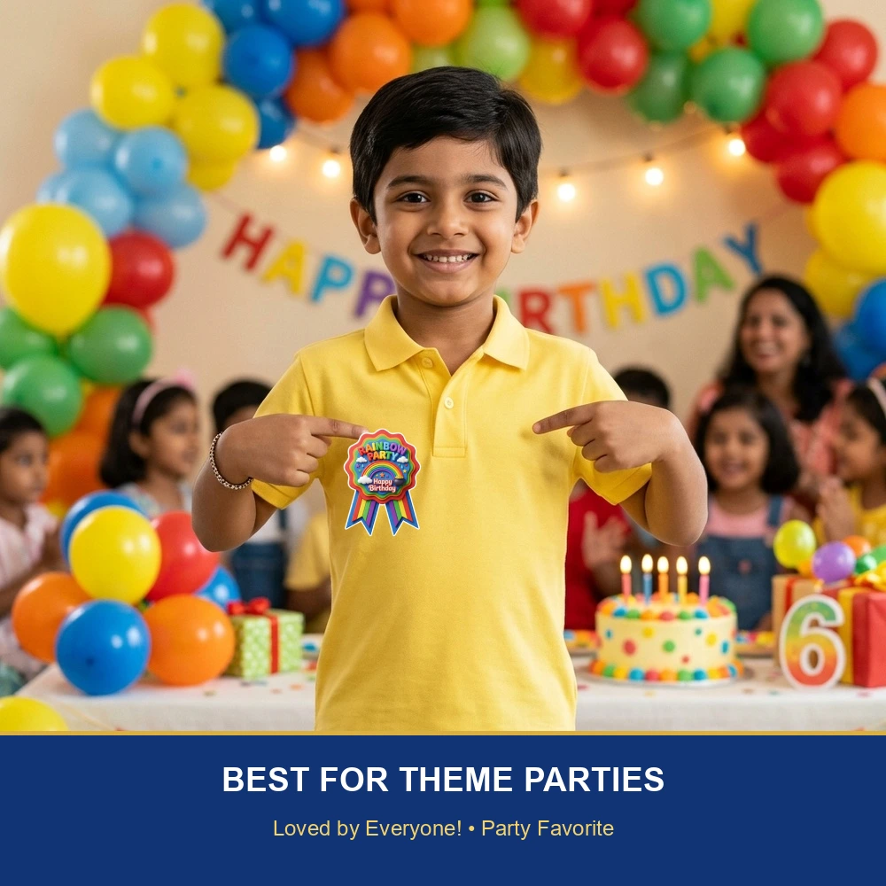 Rainbow Theme Paper Badges For Kids Birthday Party Supplies (Pack Of 16) - 300 GSM Premium Cardstock with Pin (3.7 x 3 Inch) - Premium Handcrafted 300 GSM Theme Badges by Party Decor Mall India - View 5