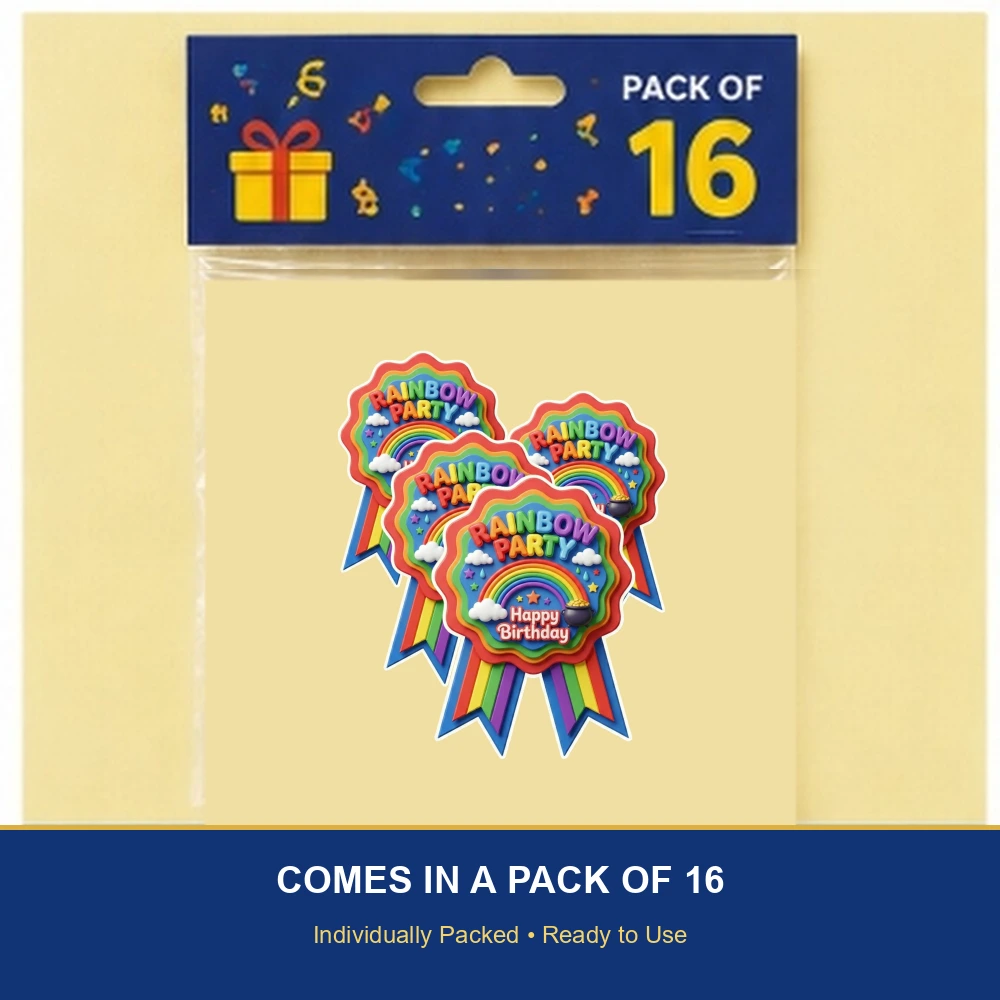 Rainbow Theme Paper Badges For Kids Birthday Party Supplies (Pack Of 16) - 300 GSM Premium Cardstock with Pin (3.7 x 3 Inch) - Premium Handcrafted 300 GSM Theme Badges by Party Decor Mall India - View 6