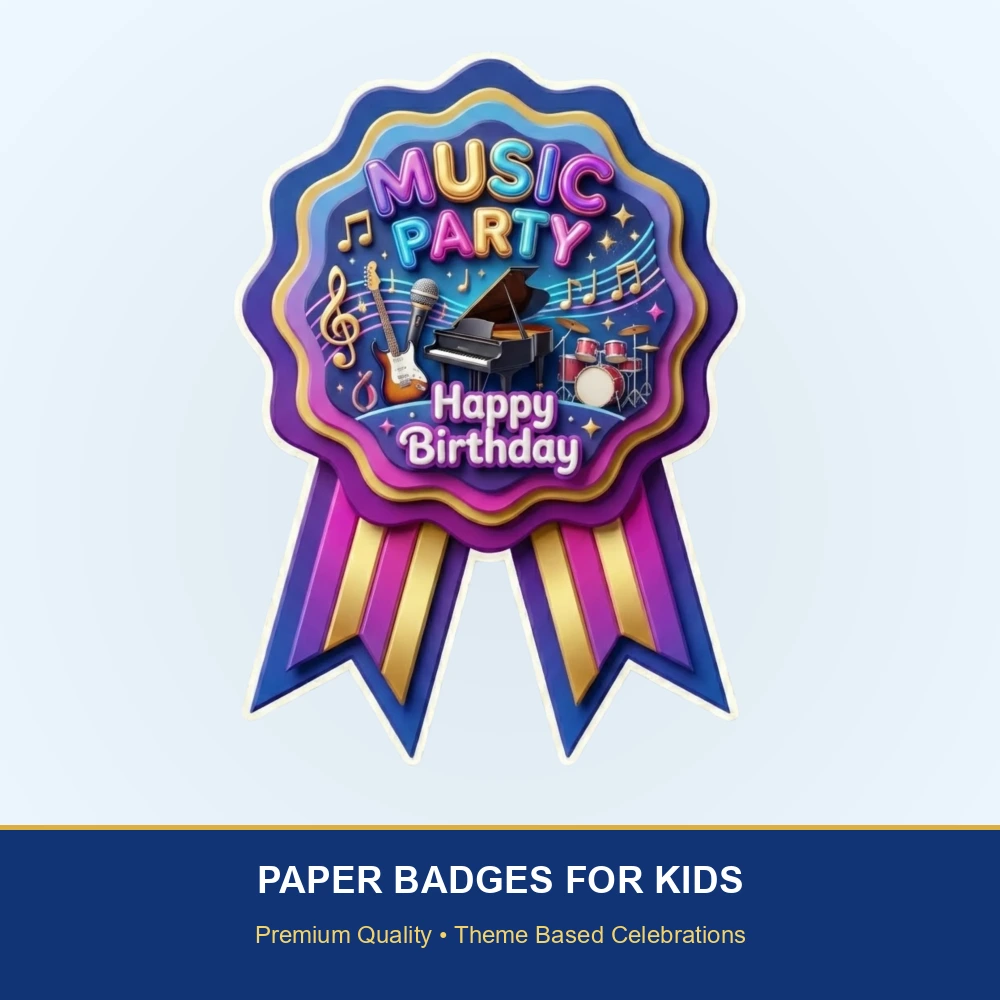 Music Theme Paper Badges For Kids Birthday Party Supplies (Pack Of 16) - 300 GSM Premium Cardstock with Pin (3.7 x 3 Inch) - Premium Handcrafted 300 GSM Theme Badges by Party Decor Mall India - View 2
