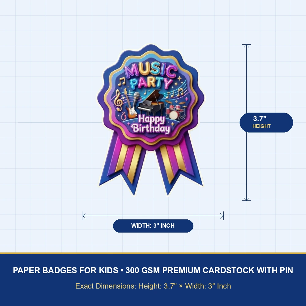 Music Theme Paper Badges For Kids Birthday Party Supplies (Pack Of 16) - 300 GSM Premium Cardstock with Pin (3.7 x 3 Inch) - Premium Handcrafted 300 GSM Theme Badges by Party Decor Mall India - View 4