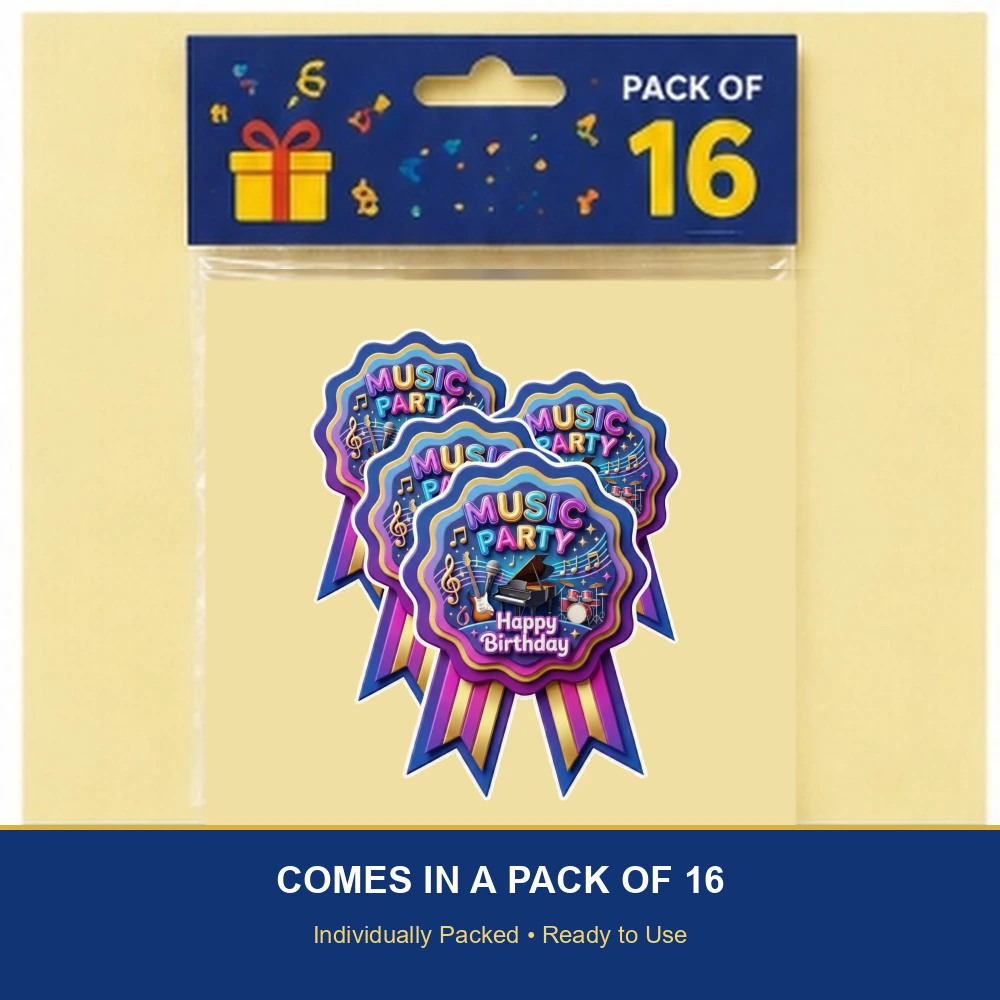 Music Theme Paper Badges For Kids Birthday Party Supplies (Pack Of 16) - 300 GSM Premium Cardstock with Pin (3.7 x 3 Inch) - Premium Handcrafted 300 GSM Theme Badges by Party Decor Mall India - View 6