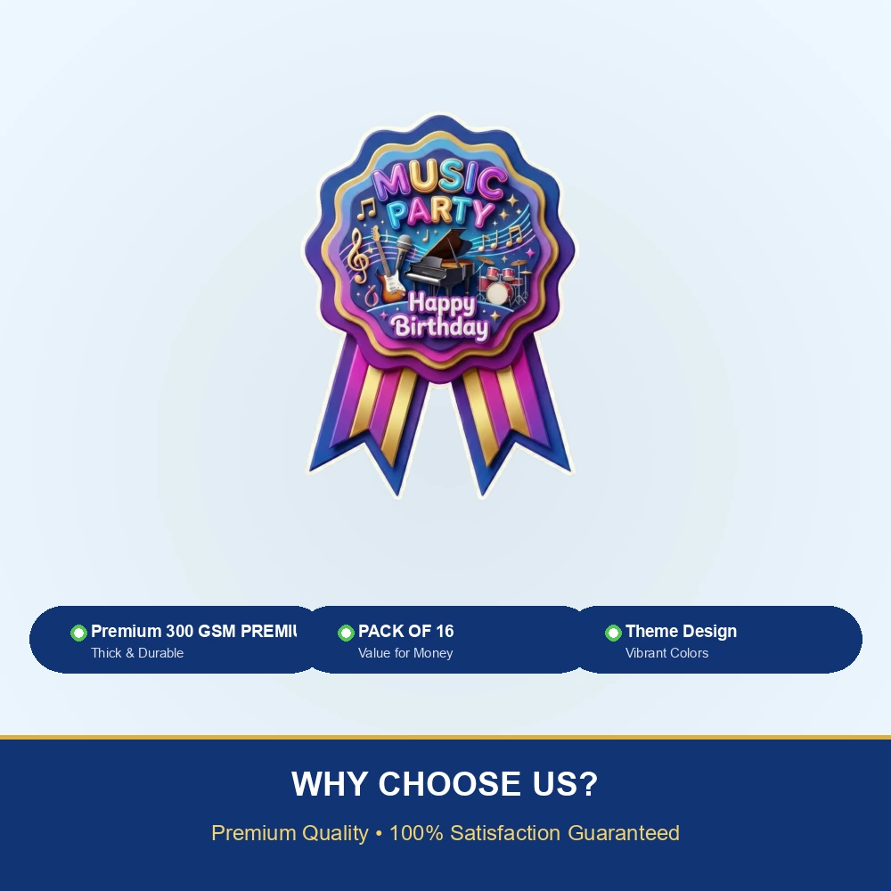 Music Theme Paper Badges For Kids Birthday Party Supplies (Pack Of 16) - 300 GSM Premium Cardstock with Pin (3.7 x 3 Inch) - Premium Handcrafted 300 GSM Theme Badges by Party Decor Mall India - View 7