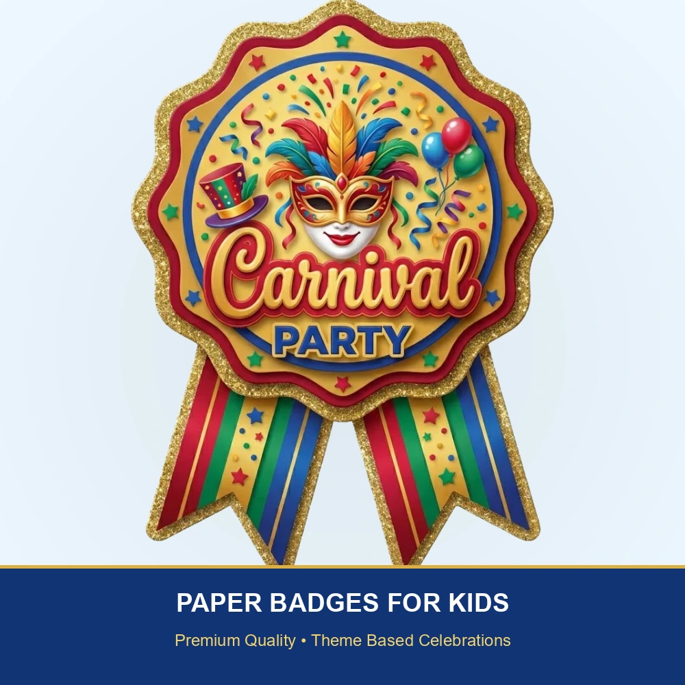 Carnival Theme Paper Badges For Kids Birthday Party Supplies (Pack Of 16) - 300 GSM Premium Cardstock with Pin (3.7 x 3 Inch) - Premium Handcrafted 300 GSM Theme Badges by Party Decor Mall India - View 2