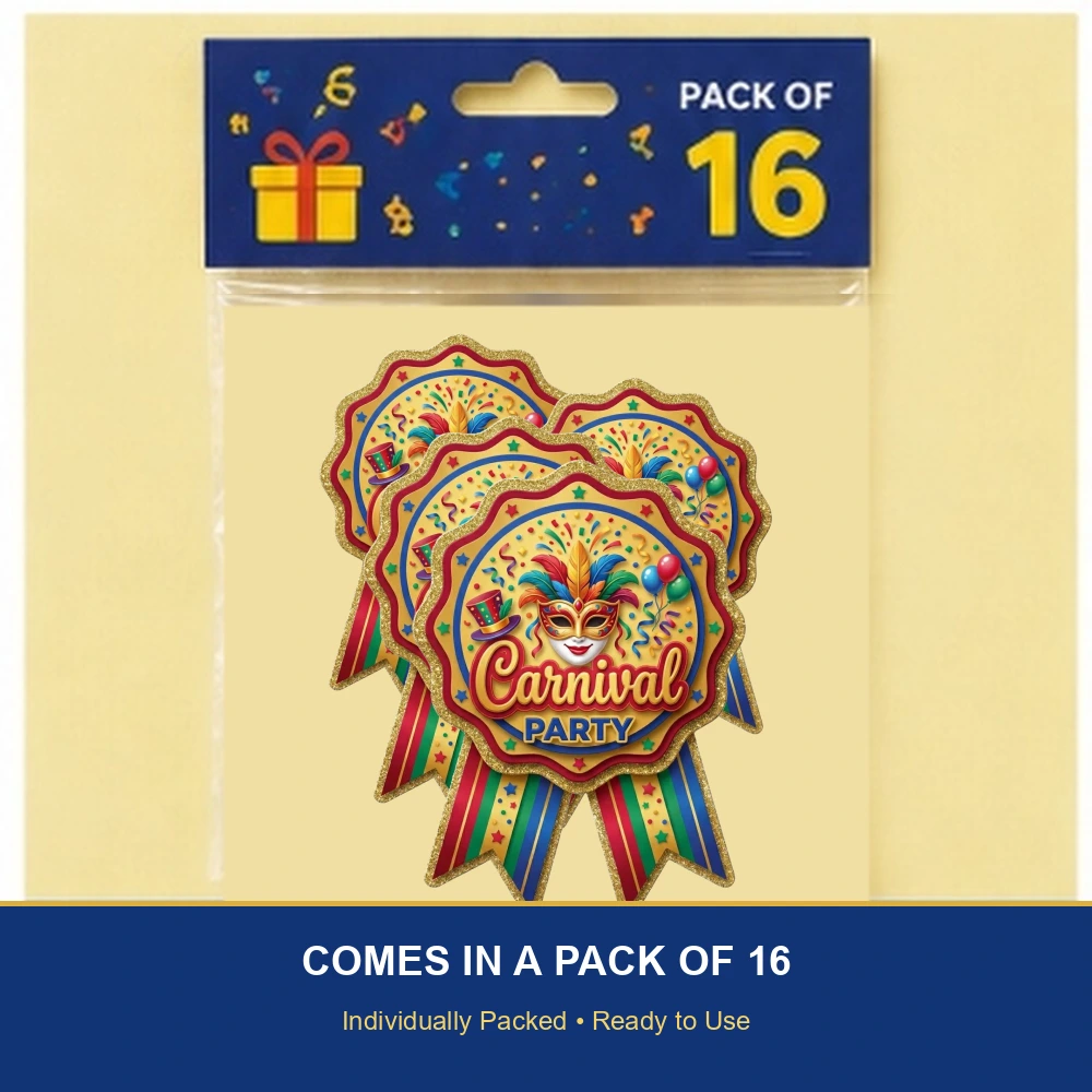 Carnival Theme Paper Badges For Kids Birthday Party Supplies (Pack Of 16) - 300 GSM Premium Cardstock with Pin (3.7 x 3 Inch) - Premium Handcrafted 300 GSM Theme Badges by Party Decor Mall India - View 6