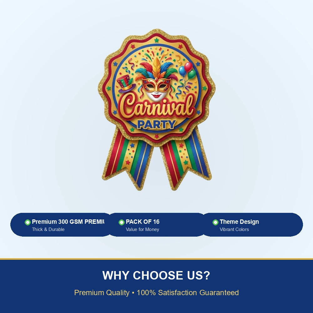 Carnival Theme Paper Badges For Kids Birthday Party Supplies (Pack Of 16) - 300 GSM Premium Cardstock with Pin (3.7 x 3 Inch) - Premium Handcrafted 300 GSM Theme Badges by Party Decor Mall India - View 7