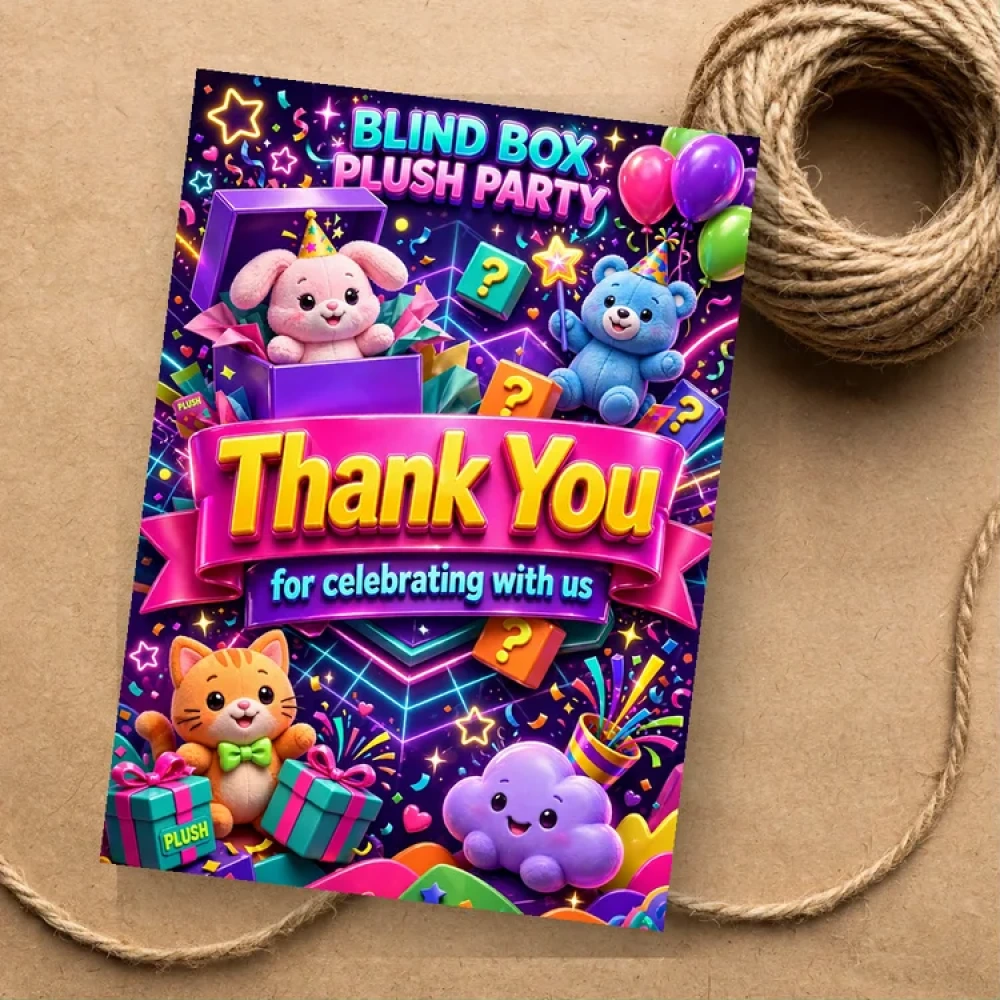 Blind Box Plush Theme Thank You Cards Birthday Party Supplies (PACK OF 30) - 280 GSM Matte Fine-Art Cardstock (2.5 x 3.5 Inch)