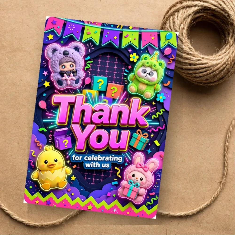 Blind Box Plush Theme Thank You Cards Birthday Party Supplies (PACK OF 30) - 280 GSM Matte Fine-Art Cardstock (2.5 x 3.5 Inch)