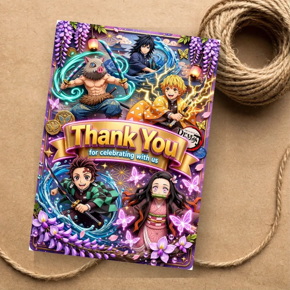 Demon Slayer Theme Thank You Cards Birthday Party Supplies (PACK OF 30) - 280 GSM Matte Fine-Art Cardstock (2.5 x 3.5 Inch)