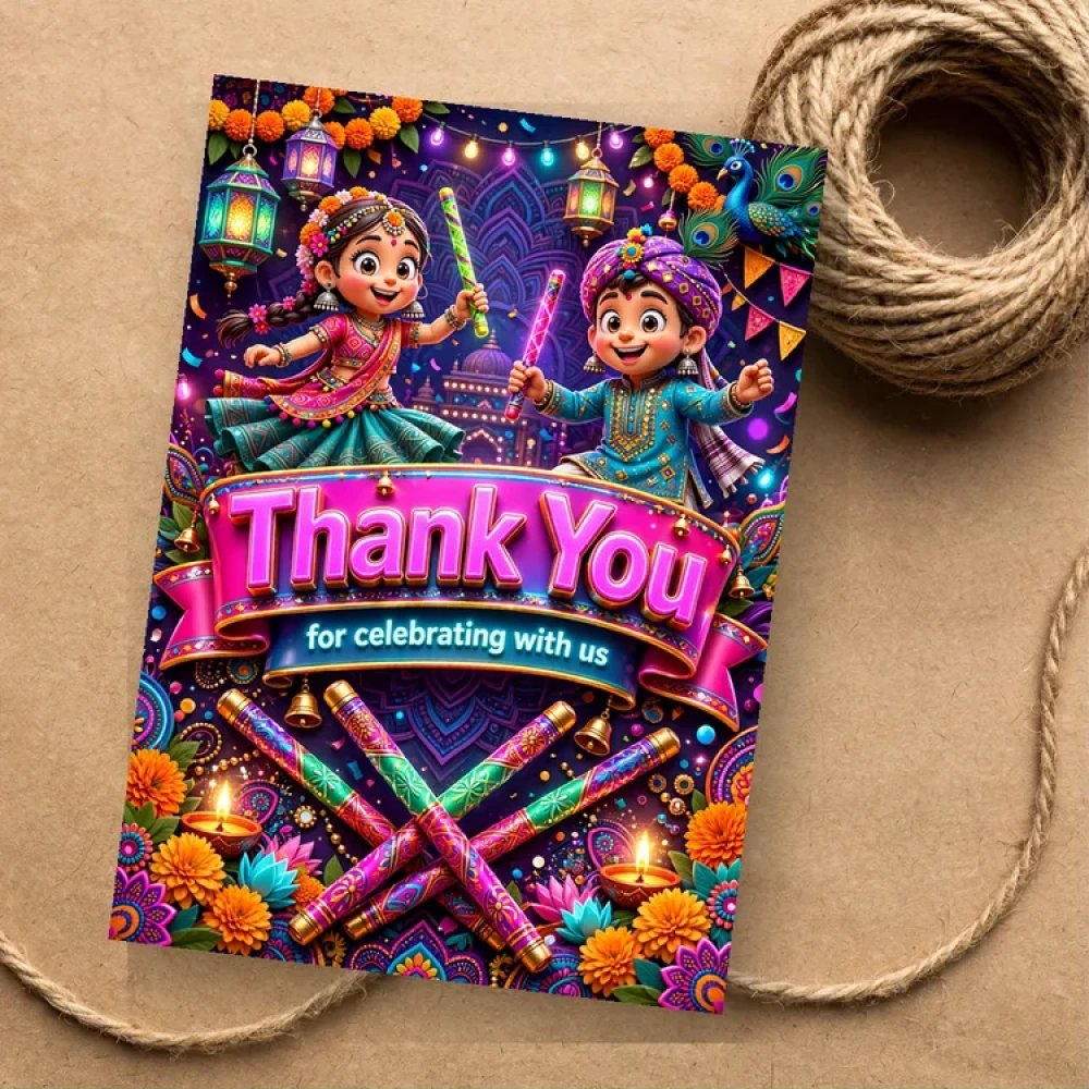 Garba Dandiya Theme Thank You Cards Birthday Party Supplies (PACK OF 30) - 280 GSM Matte Fine-Art Cardstock (2.5 x 3.5 Inch)
