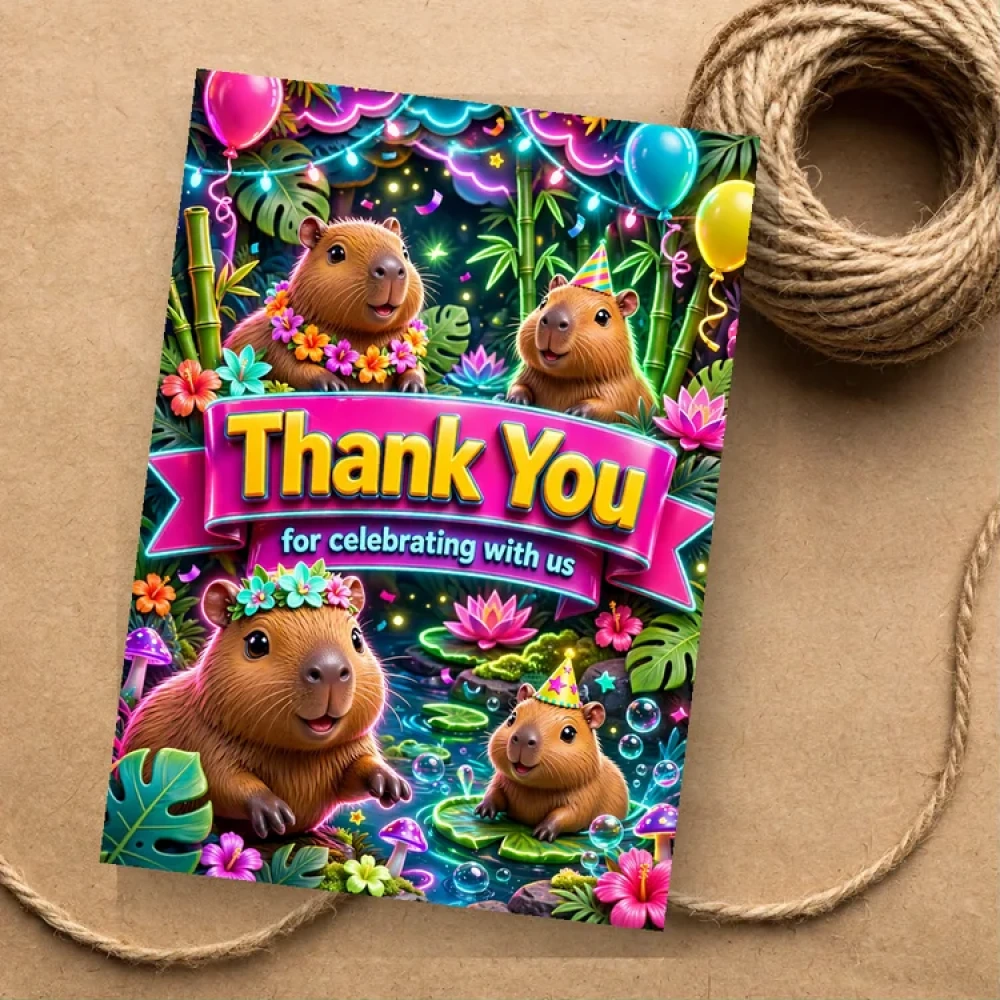 Capybara Theme Thank You Cards Birthday Party Supplies (PACK OF 30) - 280 GSM Matte Fine-Art Cardstock (2.5 x 3.5 Inch)