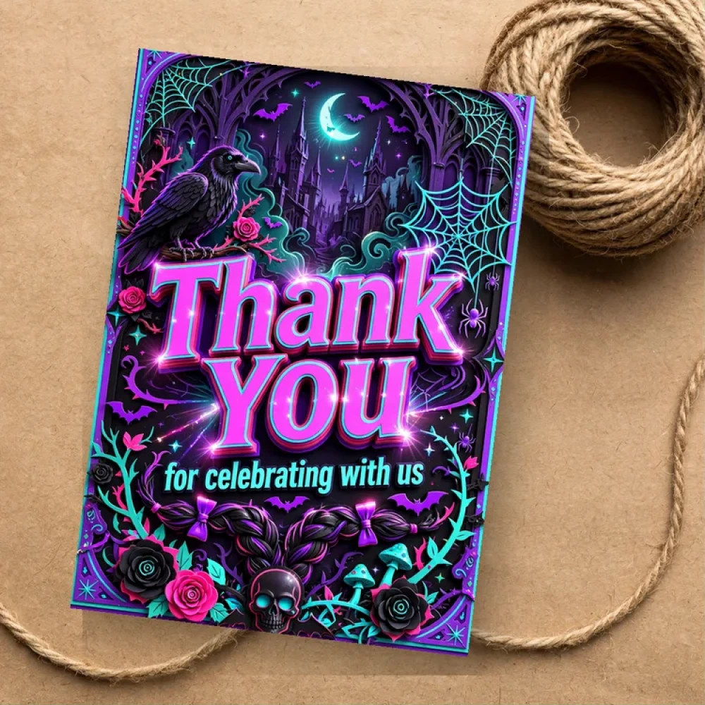 Wednesday Addams Theme Thank You Cards Birthday Party Supplies (PACK OF 30) - 280 GSM Matte Fine-Art Cardstock (2.5 x 3.5 Inch) - Premium Party Decor Supply by Party Decor Mall - View 1