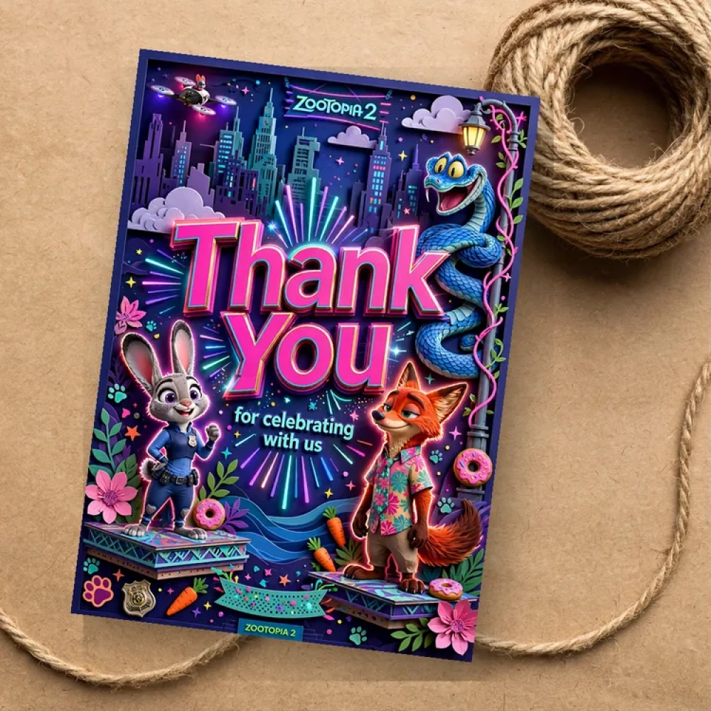 Zootopia Theme Thank You Cards Birthday Party Supplies (PACK OF 30) - 280 GSM Matte Fine-Art Cardstock (2.5 x 3.5 Inch)