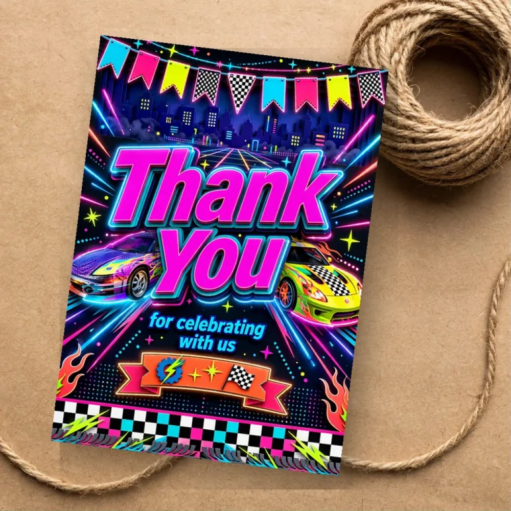 Two Fast Theme Thank You Cards Birthday Party Supplies (PACK OF 30) - 280 GSM Matte Fine-Art Cardstock (2.5 x 3.5 Inch) - Premium Party Decor Supply by Party Decor Mall - View 1