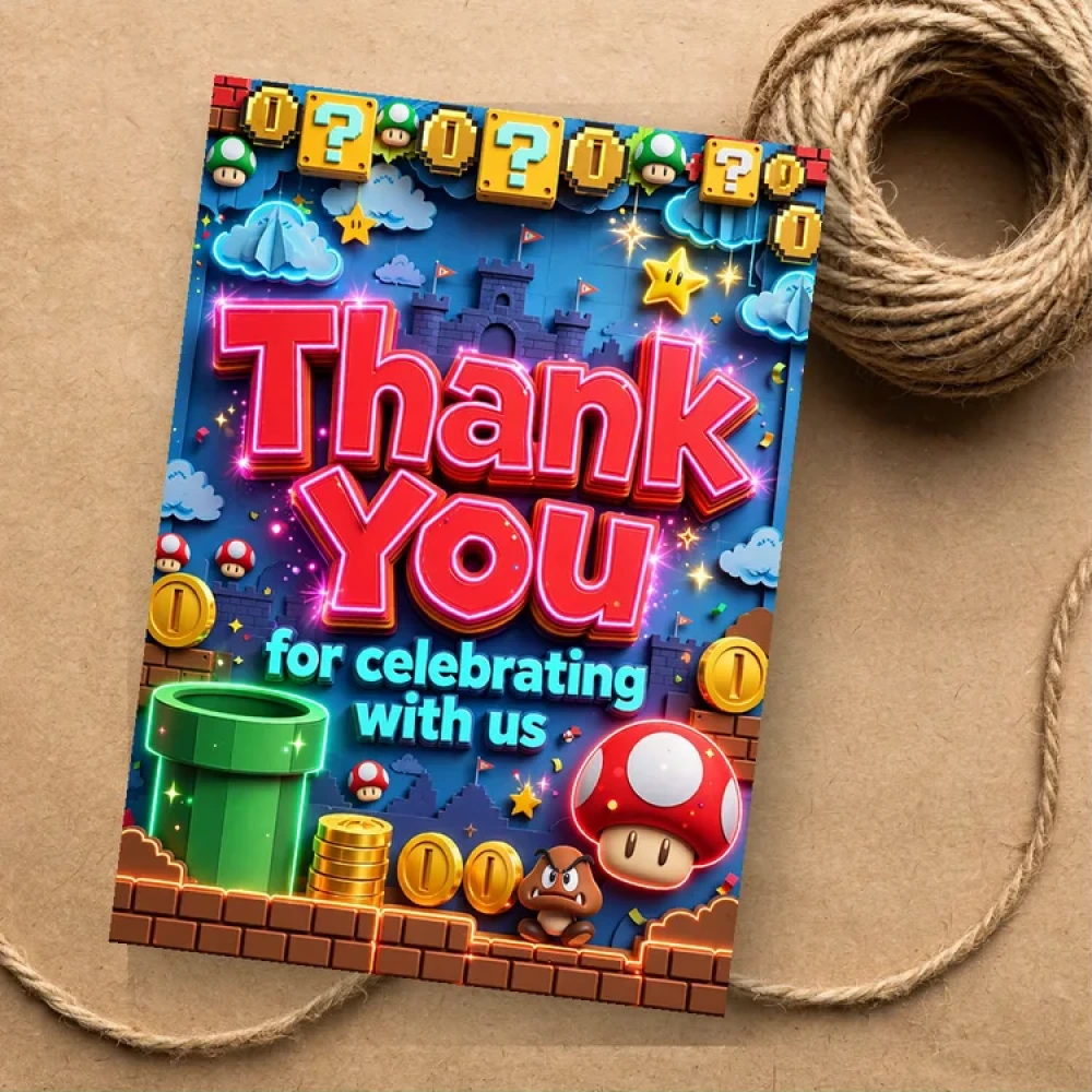 Super Mario Theme Thank You Cards Birthday Party Supplies (PACK OF 30) - 280 GSM Matte Fine-Art Cardstock (2.5 x 3.5 Inch) - Premium Party Decor Supply by Party Decor Mall - View 1