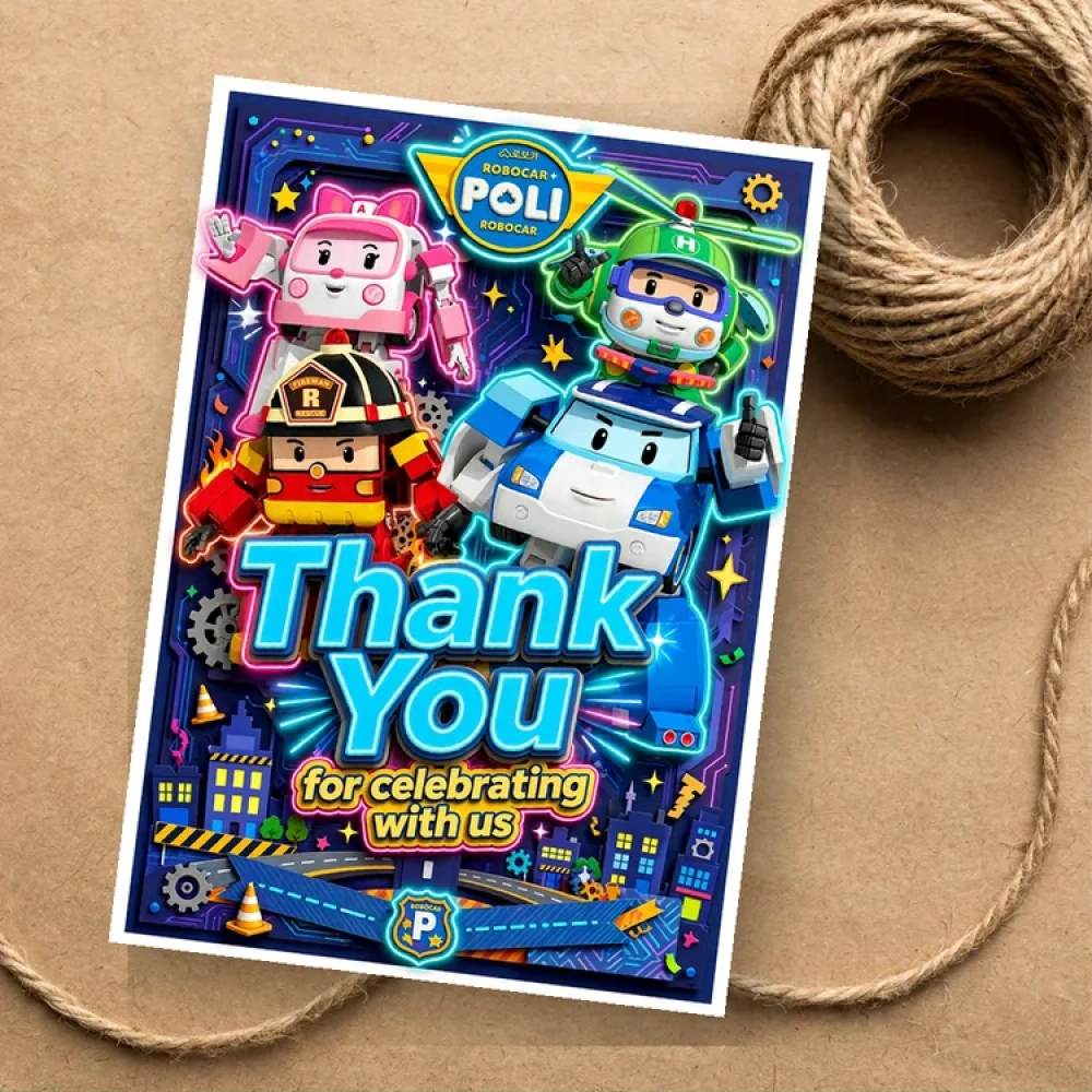 Robo Poli Theme Thank You Cards Birthday Party Supplies (PACK OF 30) - 280 GSM Matte Fine-Art Cardstock (2.5 x 3.5 Inch) - Premium Party Decor Supply by Party Decor Mall - View 1
