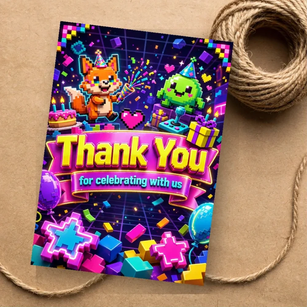 Pixel Party Theme Thank You Cards Birthday Party Supplies (PACK OF 30) - 280 GSM Matte Fine-Art Cardstock (2.5 x 3.5 Inch) - Premium Party Decor Supply by Party Decor Mall - View 1
