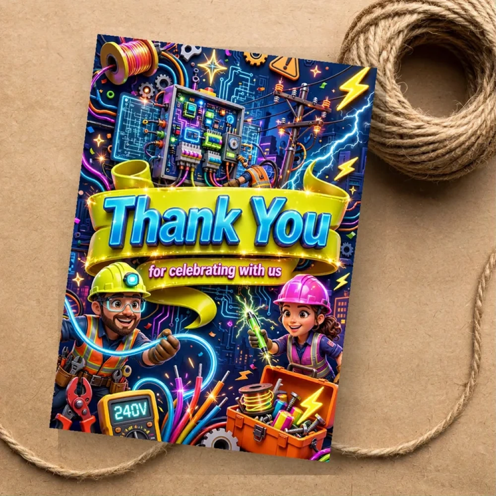Electrician Theme Thank You Cards Birthday Party Supplies (PACK OF 30) - 280 GSM Matte Fine-Art Cardstock (2.5 x 3.5 Inch) - Premium Party Decor Supply by Party Decor Mall - View 1